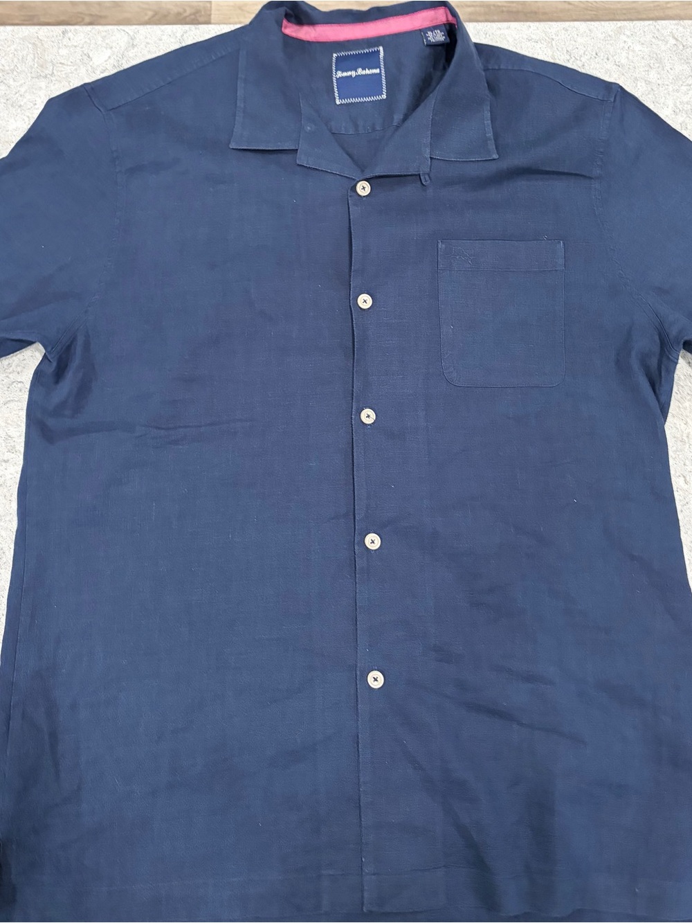 Tommy Bahama Navy Short-Sleeve Button Down Linen Blend Shirt with Pink Trim-XL